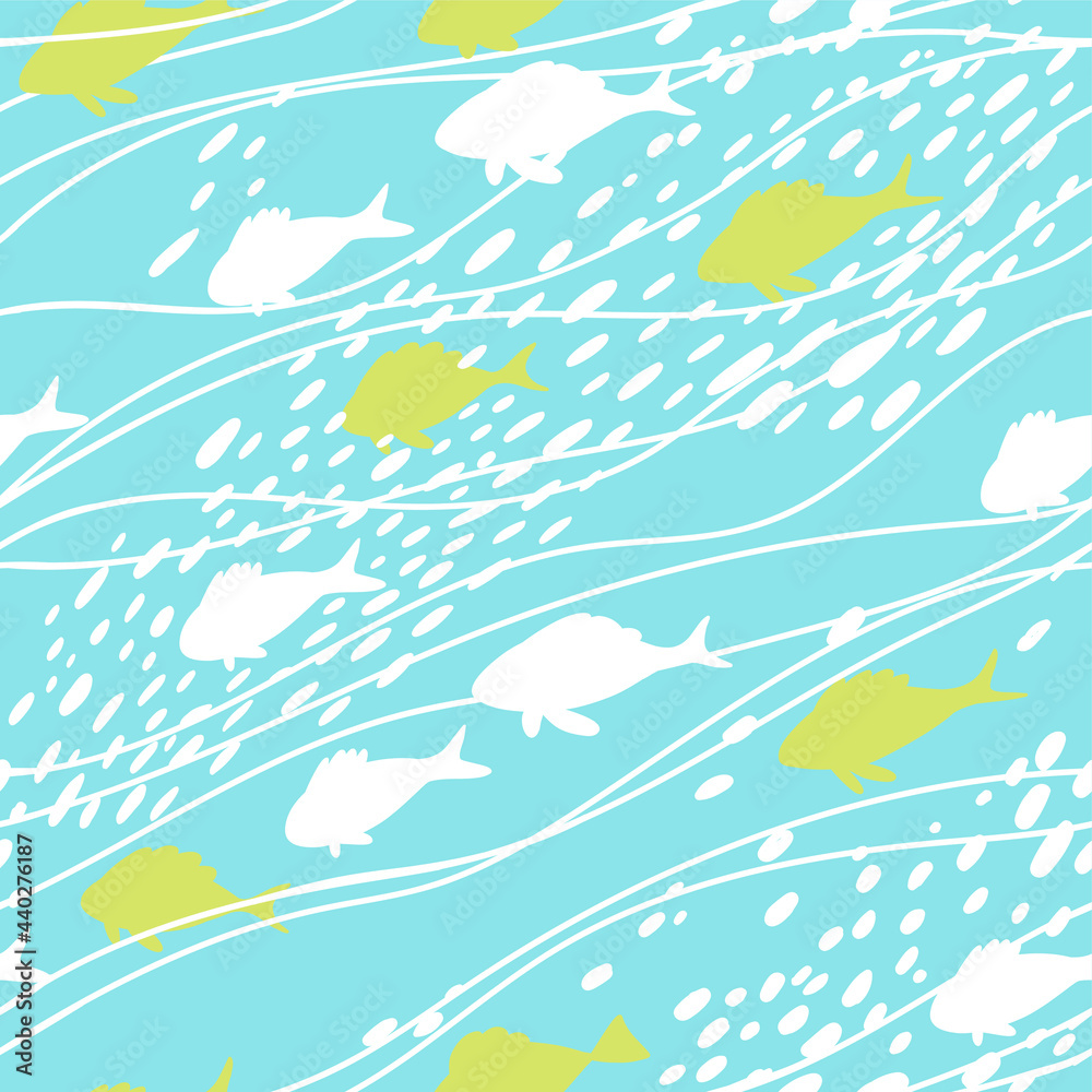Fototapeta premium Seamless pattern with hand drawn sea waves in sketch style. Vector endless background in blue colors