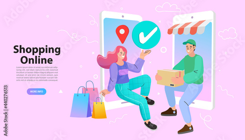 Online shopping services. Smartphone marketing and e-commerce. mobile app  landing page. Shopping cart and laptop. Vector illustration. 
