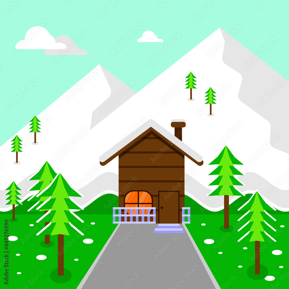 Fototapeta premium A winter house in a beautiful snowy forest. Wooden house icon. Snowy mountains. Flat style vector