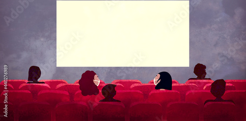 Cinema hall with red armchairs, movie presentation, cinema, screen. Anti covid-19 regulations. Protective masks to be used in the hall. Keep a safe distance. Return to normality, cinemas open