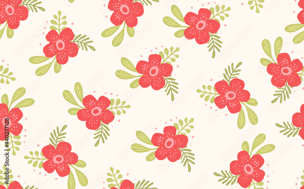 Seamless floral pattern based on traditional folk art ornaments. Colorful flowers on light background. Scandinavian style. Sweden nordic style. Vector illustration. Simple minimalistic pattern Seamless floral pattern based on traditional folk art ornaments. Colorful flowers on light background. Scandinavian style. Sweden nordic style. Vector illustration. Simple minimalistic pattern