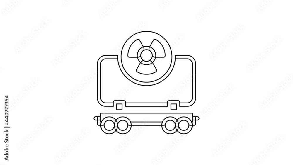 Black line Radioactive cargo train wagon icon isolated on white background. Freight car. Railroad transportation. 4K Video motion graphic animation