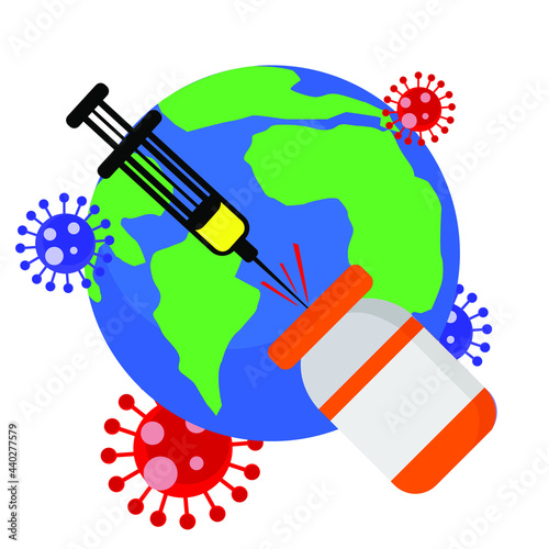 vector graphic illustration of the world that is protected by vaccines so as not to be attacked by the covid-19 disease outbreak