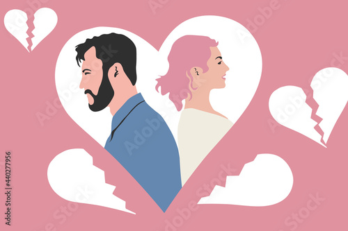 Love man woman relationship concept, hard love concept. Man and woman back to back in heart shape. Complicated love, communication problem, separation, love therapy. 