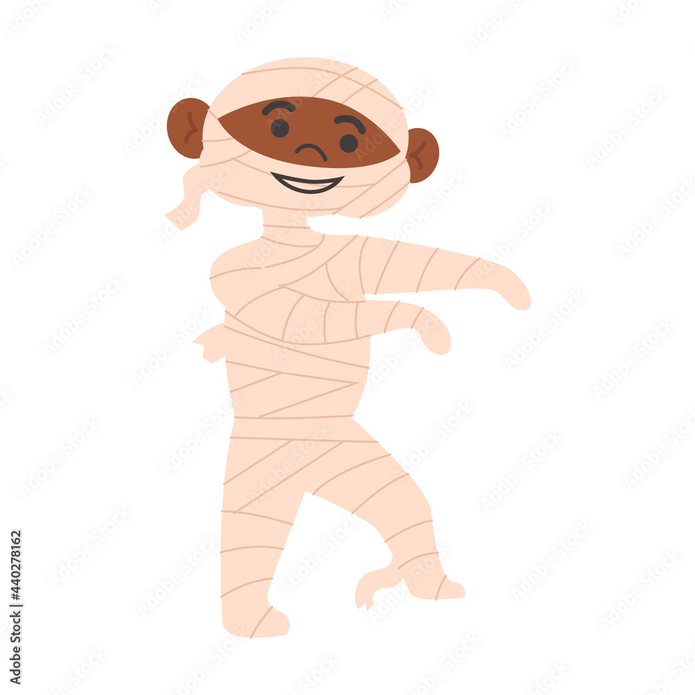 Obraz premium Halloween Kids Costume Party. Cute afro american boy with dark skin in halloween mummy costume. Cartoon vector Character for party, invitations, web. Smiling jump child. Isolated on white background