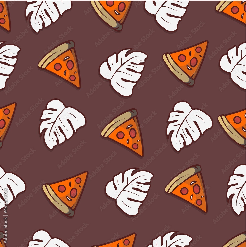 tropical leaf and pizza background vector, seamless pattern with memphis style elements tropical leaf and pizza background vector, seamless pattern with memphis style elements