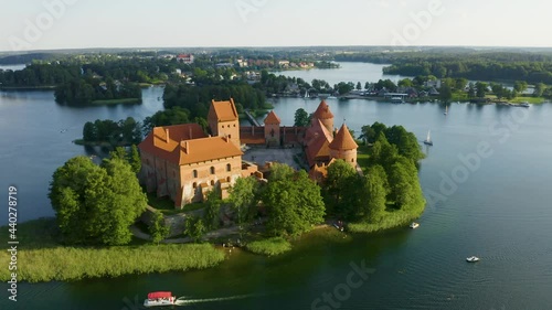 TRAKAI ISLAND CASTLE, TRAKAI, LITHUANIA. Aerial footage of Trakai Castle on an island in Lake Galve. 