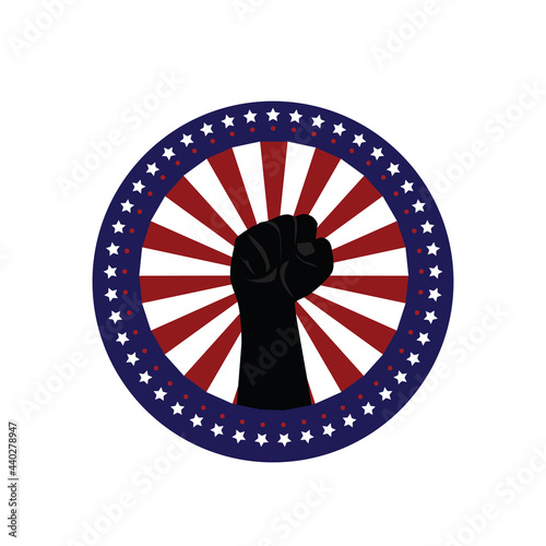 USA. clenched fist held high in circle ray star Label,vector background