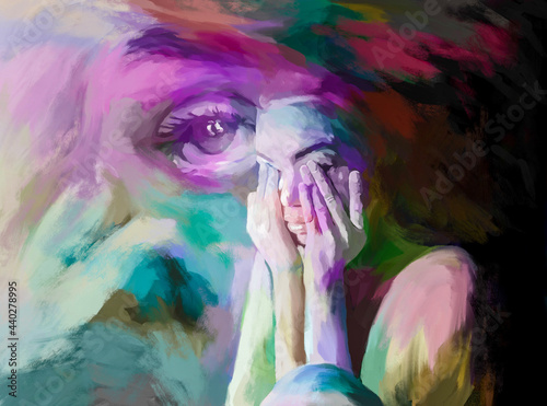 Painted illustration of sad woman covering eyes photo