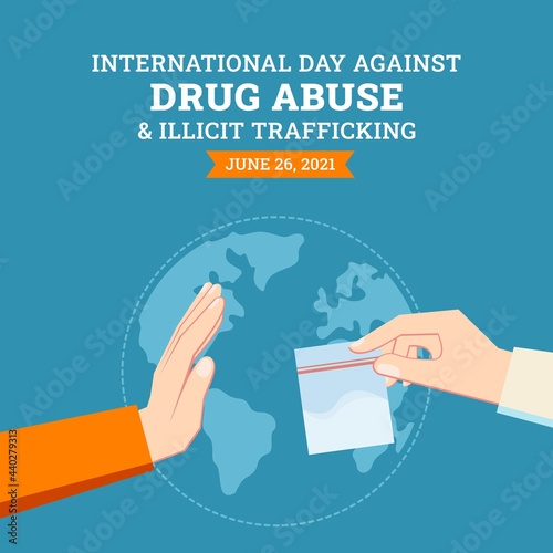 International day against drug abuse and illicit trafficking background design. Flat style vector illustration of hand gesture rejecting capsule and pill drugs.