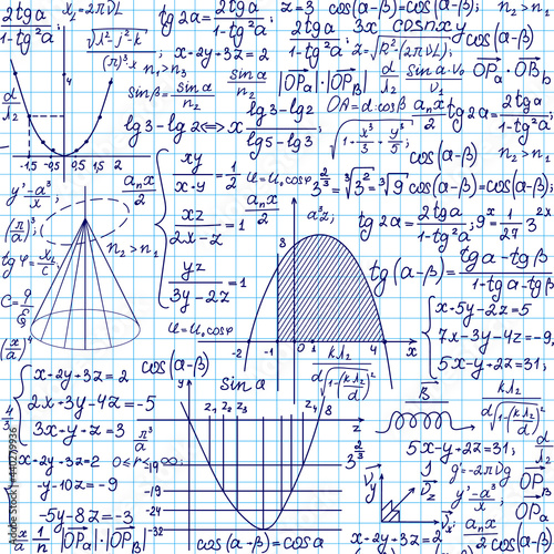 Math educational vector seamless pattern with handwritten formulas, figures and equations on grid copybook paper