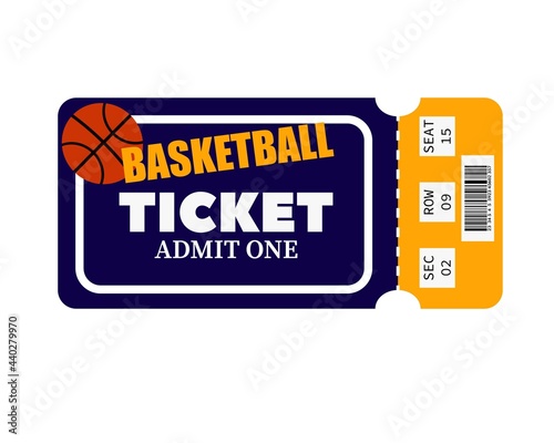 Basketball ticket. Blue background. Pass to the match. Vector. Illustration. Relaxation. Tournament. Ball orange