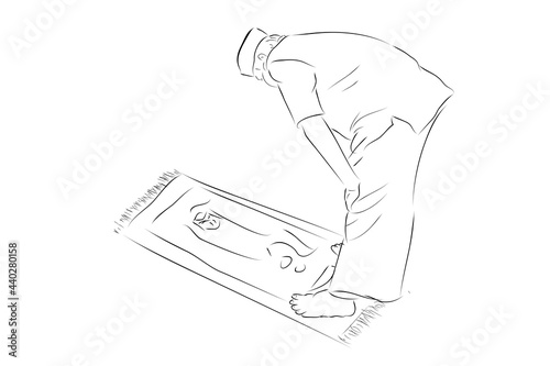 Simple Vector Hand Draw Sketch, Muslim or islam man, using Mask, shalat or pray at prayer mat