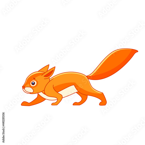 Cute red squirrel walking. Cartoon character of a small mammal animal. A wild forest creature with red, orange fur. Side view. Vector in flat style illustration isolated on a white background