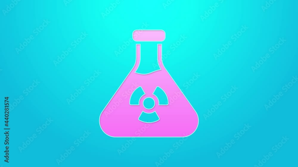 Pink line Laboratory chemical beaker with toxic liquid icon isolated on blue background. Biohazard symbol. Dangerous symbol with radiation icon. 4K Video motion graphic animation Pink line Laboratory chemical beaker with toxic liquid icon isolated on blue background. Biohazard symbol. Dangerous symbol with radiation icon. 4K Video motion graphic animation