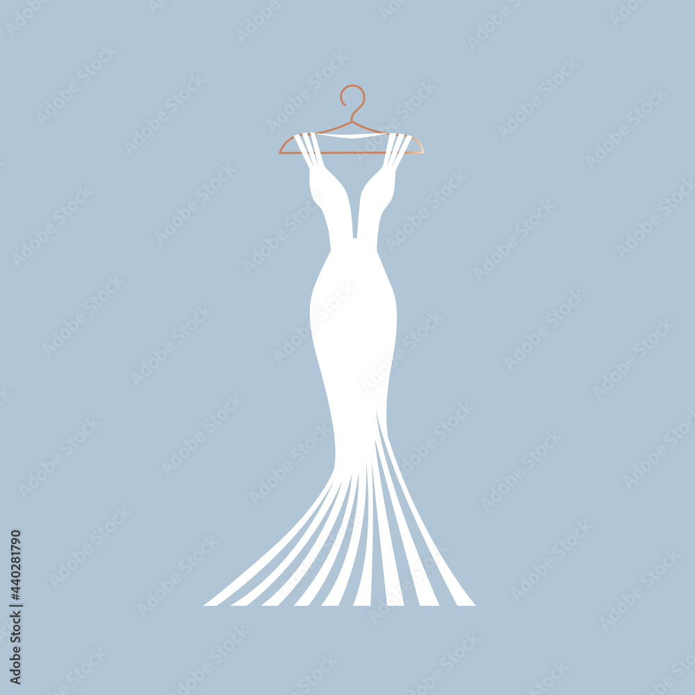 A beautiful dress on a hanger for a wedding, evening or prom. Beauty and fashion. Background vector illustration template for invitation, flyer or card.