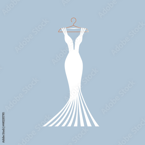 A beautiful dress on a hanger for a wedding, evening or prom. Beauty and fashion. Background vector illustration template for invitation, flyer or card.