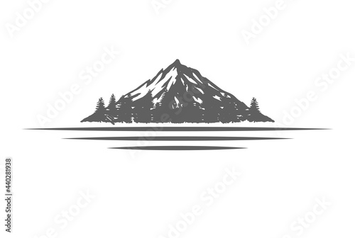 Mountain with Pine Cedar Conifer Cypress Evergreen Tree Forest and Lake River Creek Logo Design Vector