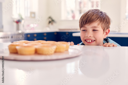 Boy Taking Freshly Baked Homemade Cupcake From Plate In Kitchen At Home