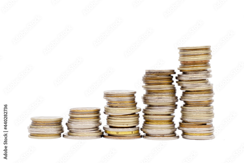 Five stacks of different coins isolate on white background. Money growth concept. Five stacks of different coins isolate on white background. Money growth concept.