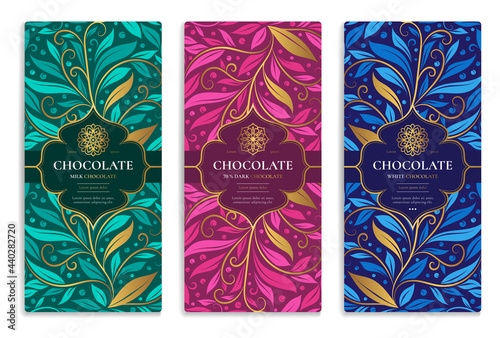 Colorful set of chocolate bar packaging design in abstract style. Vector luxury template with ornament elements. Can be used for background and wallpaper. Great for food and drink package types.