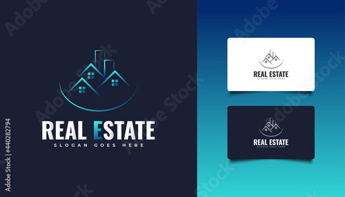 Blue Real Estate Logo with Line Style. Construction, Architecture, Building, or House Logo