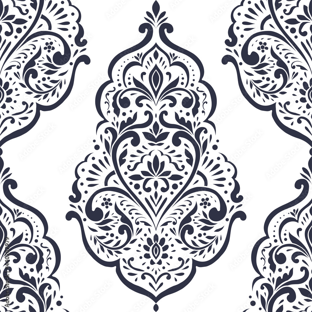 White and black damask vector seamless pattern. Vintage, paisley elements. Traditional, Turkish motifs. Great for fabric and textile, wallpaper, packaging or any desired idea.