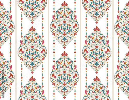 Floral seamless pattern with ornamental stripes. Traditional oriental motifs. Vector ornament template. Decorative paisley elements. Great for fabric and textile.