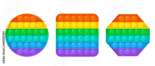 Set of colorful fidget antistress sensory toys for kids. Round, square, octagon shape. Fidget sensory pop it and simple dimple trendy toy. Colorful silicone bubbles. Hand toy with push bubbles. Vector