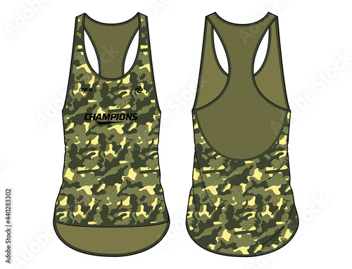 Women Camouflage Sleeveless Tank top Sports t-shirt Jersey design concept Illustration suitable for girls and Ladies for Volleyball jersey, Soccer, netball, Round neck sports uniform
