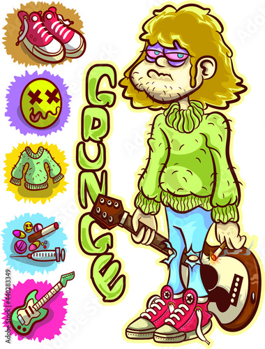Grunge style, accessories, guitar, sneakers, depressive smile.