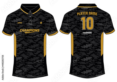Sports polo collar t-shirt jersey design in Camouflage pattern vector template, Cricket jersey concept with front and back view for Soccer, Football, Tennis and badminton uniform