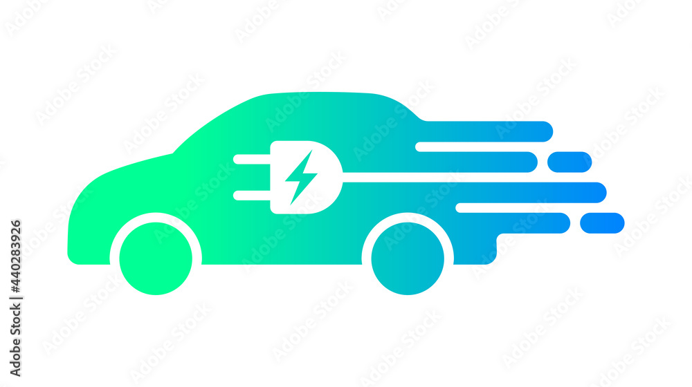 Fast electric car with plug icon symbol, EV car, Green hybrid vehicles charging point logotype, Eco friendly vehicle concept, Vector illustration