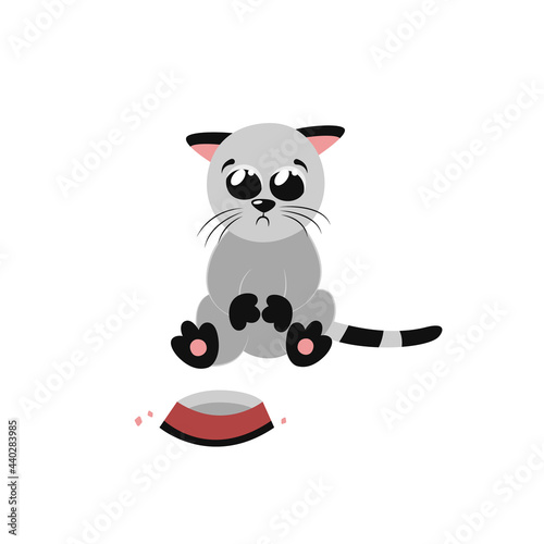 A little sad hungry kitten is sitting on an empty food bowl. Beautiful cute illustration with a gray cat. For stickers, posters, emblems, labels, logos. Funny print for t-shirt, sweater, pullover