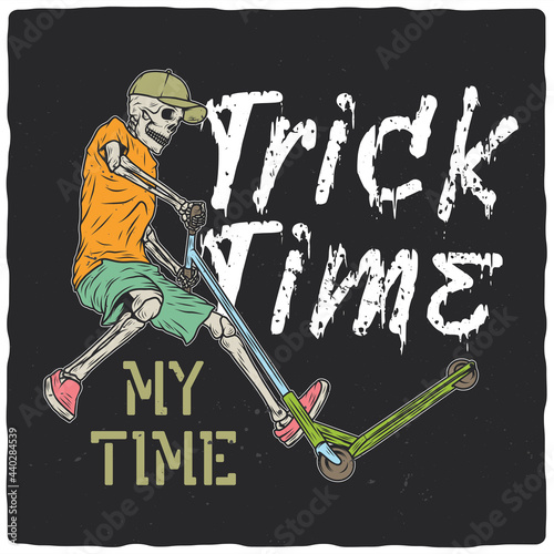 T-shirt or poster design with illustration of a skeleton on a scooter. Ready apparel design.