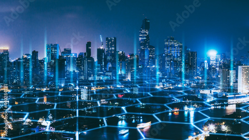 Smart Network and Connection city of Bangkok Thailand at night © Peera