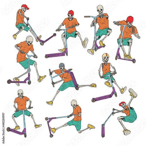 Isolated illustrations set of 10 different skeletons on a scooter.