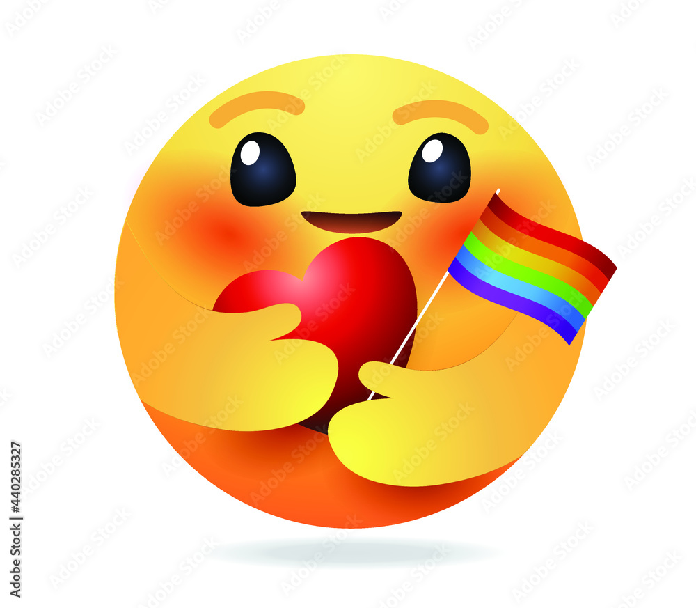 High quality emoticon on white background. Emoji with Pride flag Red Heart. Pride emoji. Rainbow emoticon.
