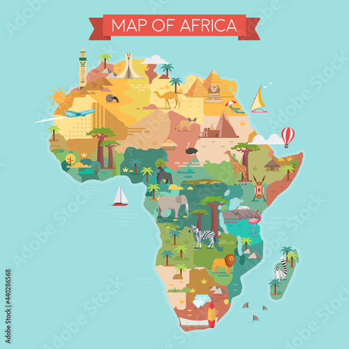 Africa tourist map with famous landmarks.