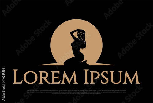 Sunset Sunrise or Moon with Sexy Hot Woman Girl Mermaid for Bar Logo Design Vector