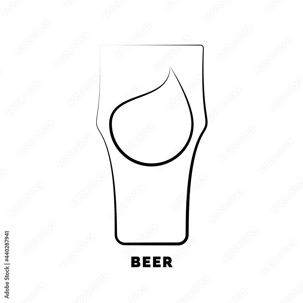 Glass beer with a drop of drink inside. Contour line art in flat style. Restaurant alcoholic illustration for celebration design. Beverage outline icon with text. Isolated on white background Glass beer with a drop of drink inside. Contour line art in flat style. Restaurant alcoholic illustration for celebration design. Beverage outline icon with text. Isolated on white background