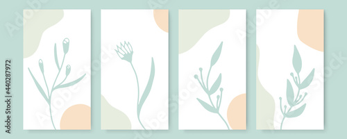 Vector design templates in simple modern style with copy space for text, flowers and leaves - wedding invitation backgrounds and frames, social media stories wallpapers