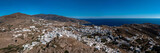 Ios island, Greece, Cyclades. Panoramic aerial drone view of Chora town