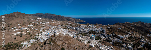 Ios island, Greece, Cyclades. Panoramic aerial drone view of Chora town © Rawf8