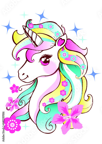 Colored unicorn illustration with flowers, pink, yellow and blue colors.