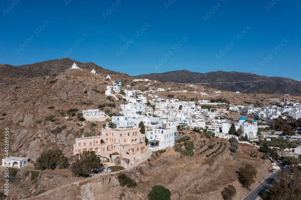 Cyclades, Greece. Ios island, aerial drone view of Chora town