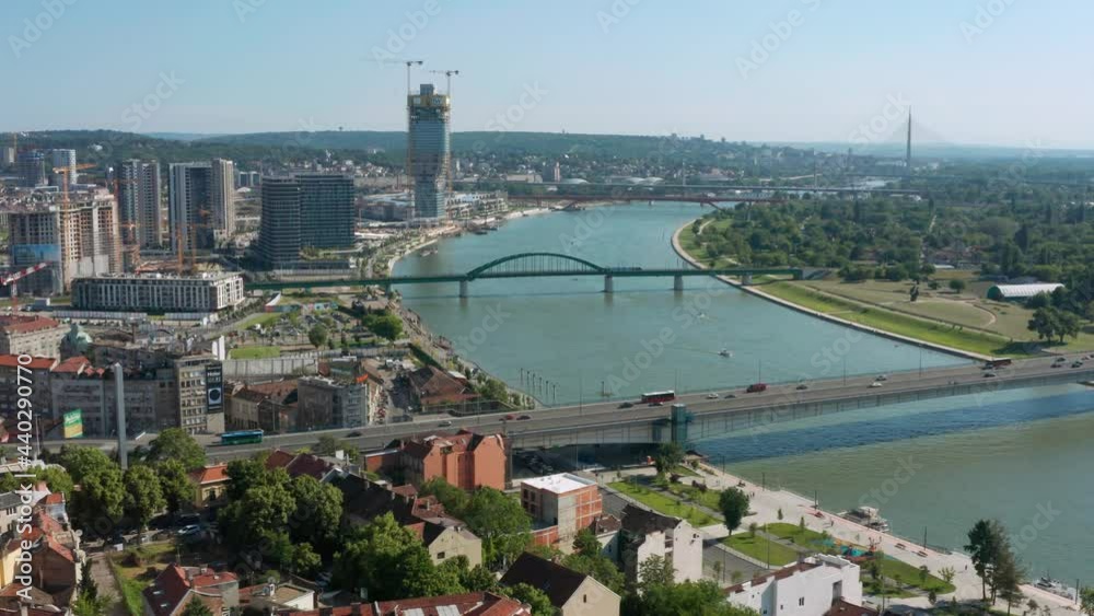 Aerial view of Belgrade and the river Sava with the cross of the St Michael's Cathedral on the first term. Aerial view of Belgrade and the river Sava with the cross of the St Michael's Cathedral on the first term.