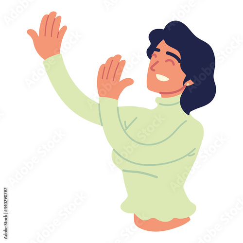 woman smiling raised hands