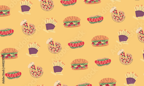 Patrón de comida chatarra. Ilustraciones de comida rápida. Papas fritas. Perrito Caliente. Hamburguesa. Bocadillos. Salchichas. Pizza.