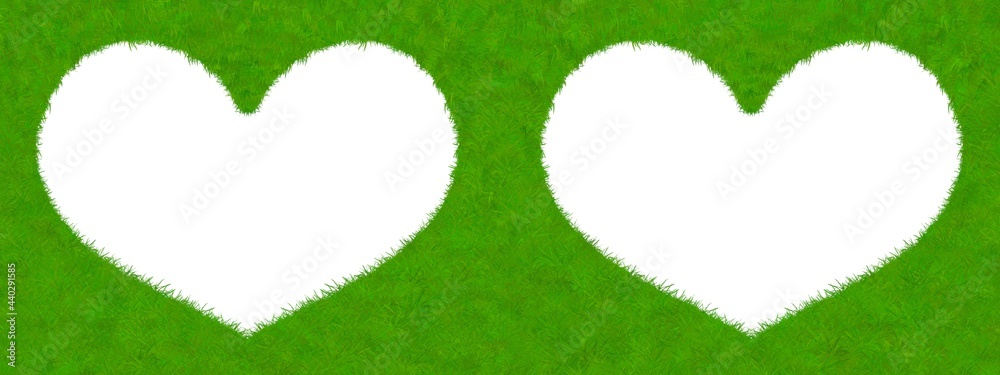 Fototapeta premium Two hearts shape made from green grass frame. Love earth, To save the earth concept